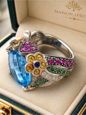 Blue Topaz Floral Multi-Gem Statement Ring